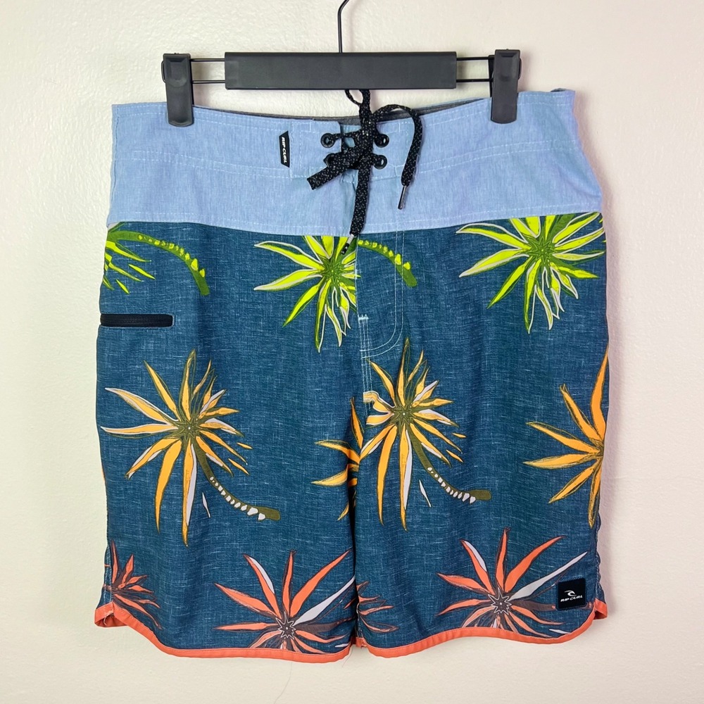 Rip Curl Mirage Board Shorts 30 Teal Blue Tropical Palm Print Surf Beachwear